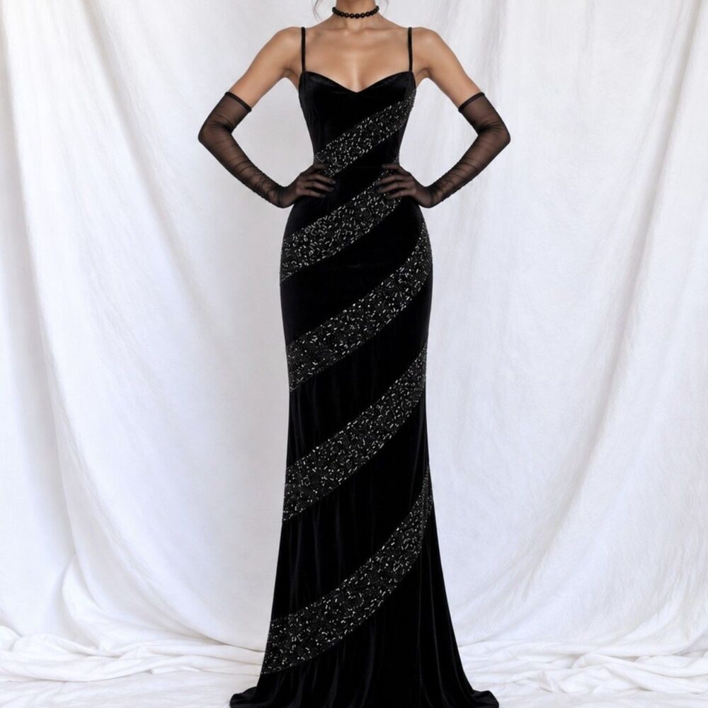 Vintage Y2K Black Velvet Beaded Maxi Bodycon Cocktail Formal Prom Dress Size M/L